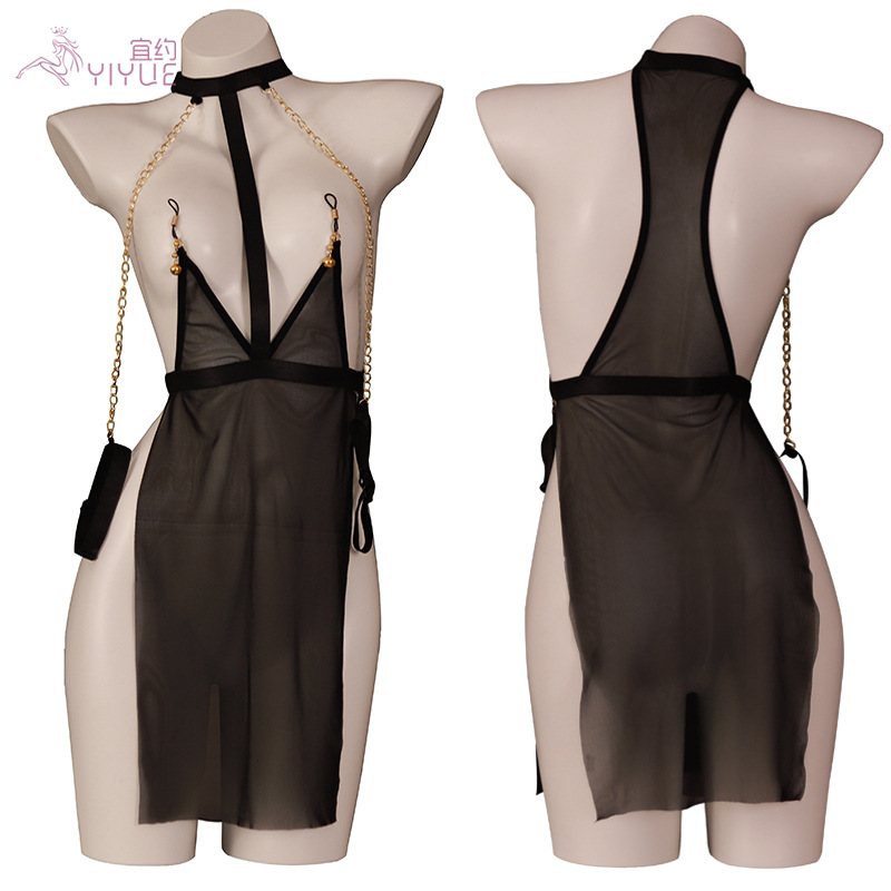 宜约情趣内衣性感薄纱开叉睡裙绑带链条床上战袍sm制服女套装8969