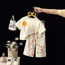 儿童夏季洋气套装卡通水印棉t恤女童宝宝新款日常简约夏装两件套