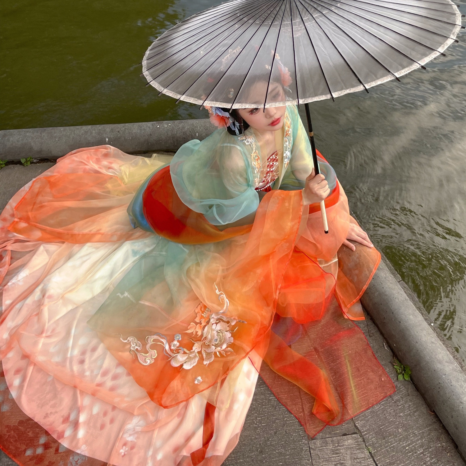 夏季汉服女锦鲤渐变鱼鳞印花裙子渐变大袖衫龙女汉服仙气飘逸套装