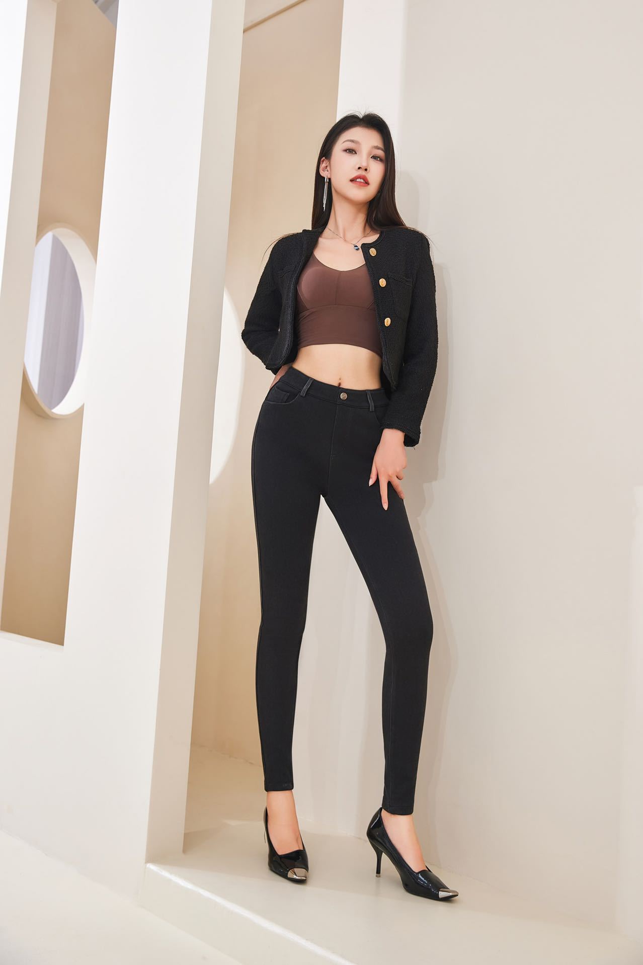 Autumn and Winter New Fleece-lined Thick Jeans Slimming Hip Raise Jeans High Waist Jeans Women's Pencil Pants Five-Proof Pants