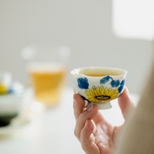 昌朴居月光黄纯手绘向日葵陶瓷茶杯家用高足主人杯品茗杯花瓣茶杯