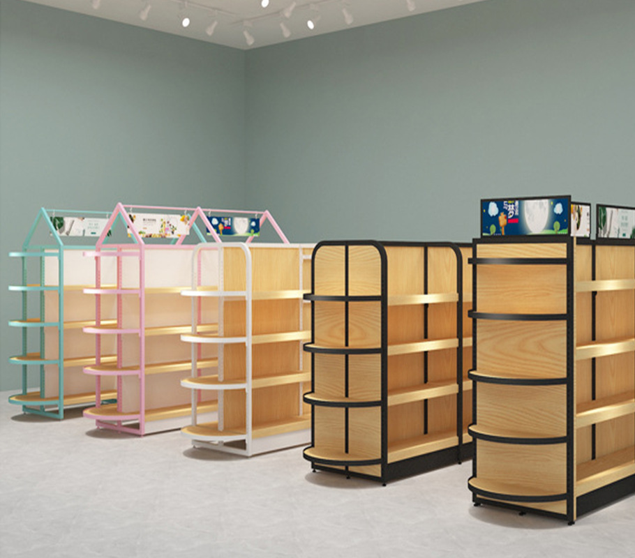 现货新款半圆端头钢木双面商超组合货架 孕婴店蓝/粉/白/黄可选