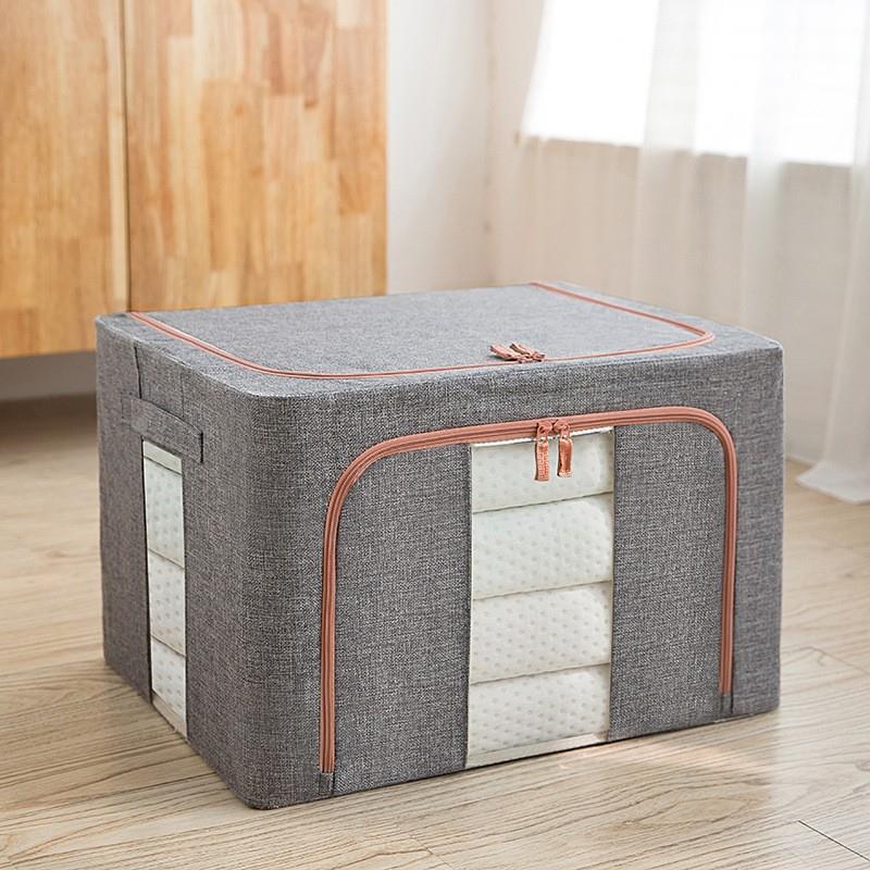 Cotton and Linen Steel Frame Box Double Window Bold Steel Frame Quilt Clothing Sorting Box for Collection Wardrobe Folding Storage Box Spot