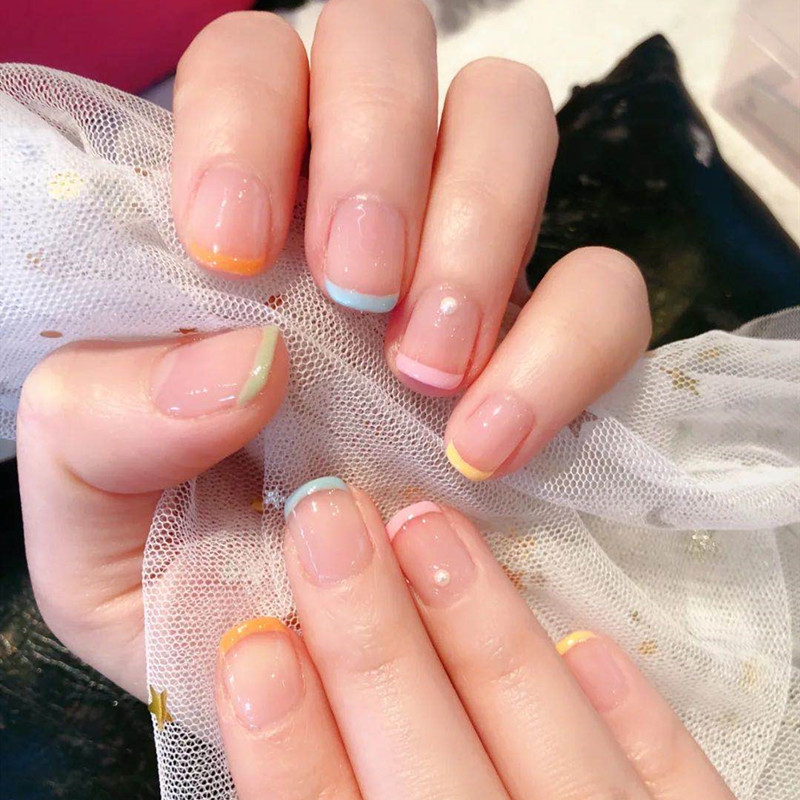 夏季多巴胺穿戴甲糖果色法式清新珍珠美甲成品贴片假指甲指甲贴片