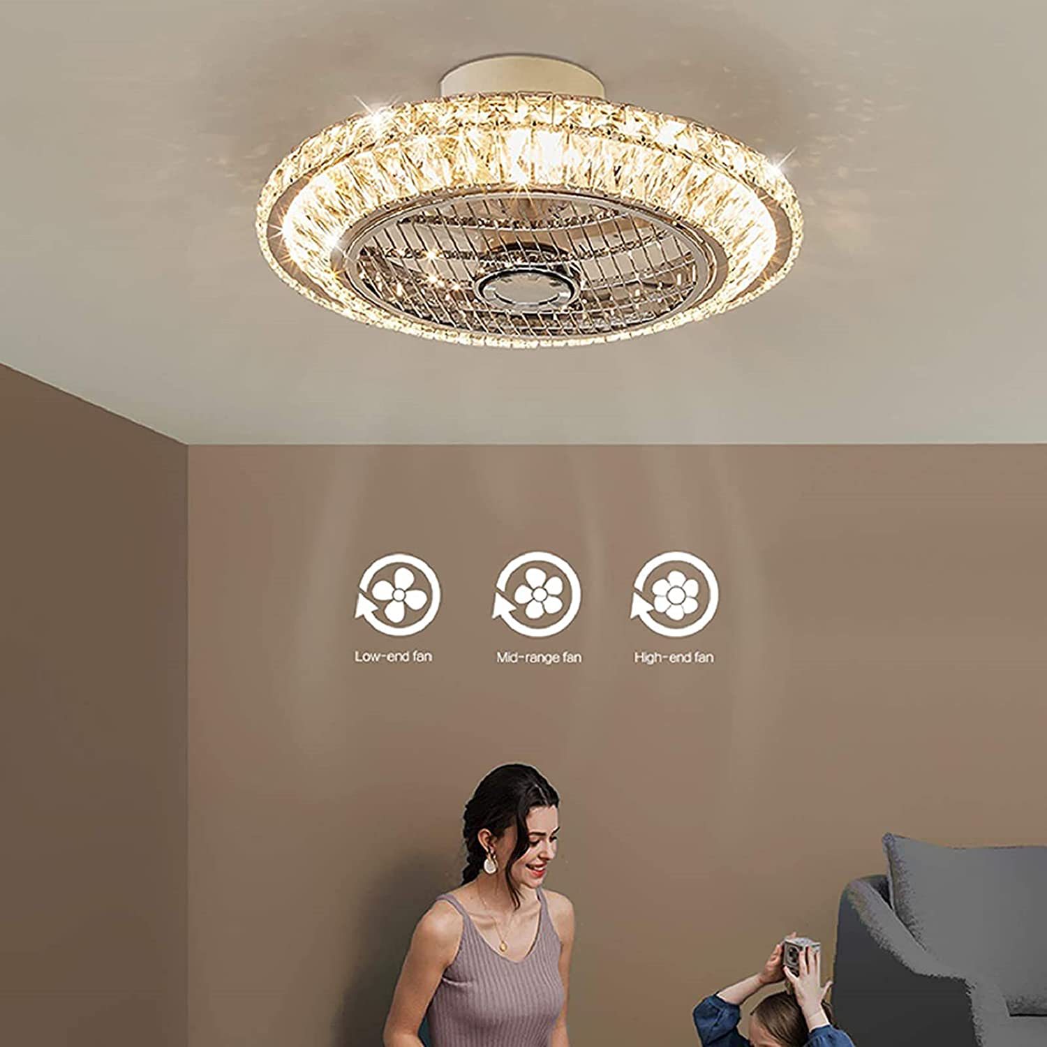 New Ceiling Fan Lamp Bedroom Crystal Chandelier Simple Modern Restaurant Ceiling Integrated Nordic Invisible Ceiling Fan Lights