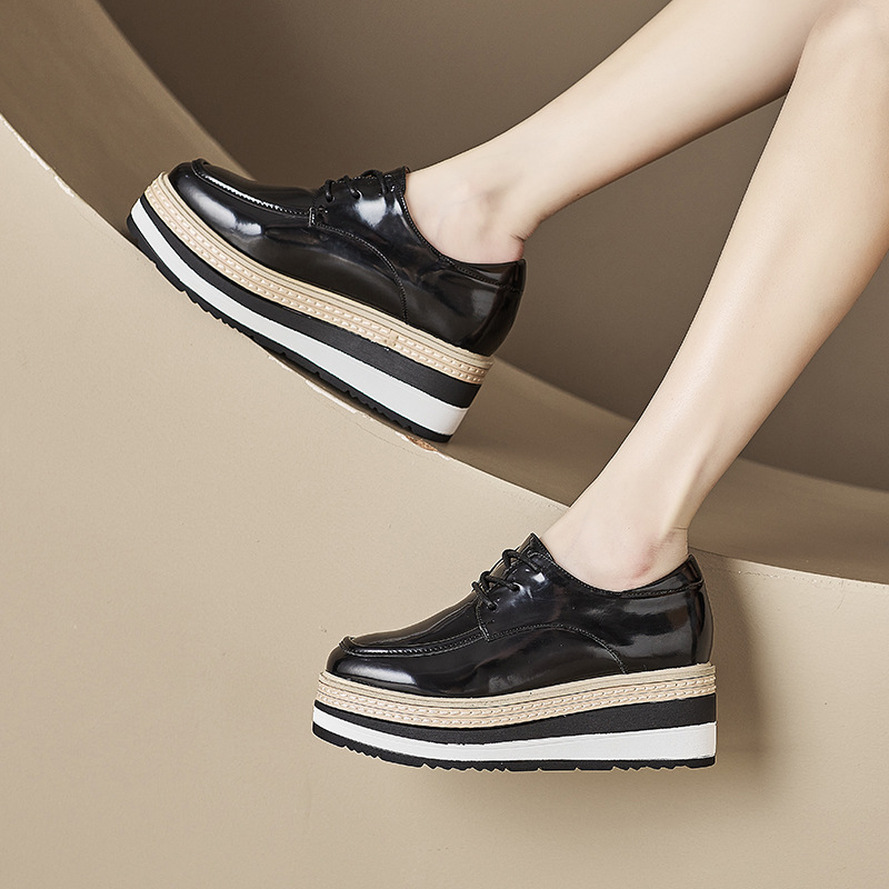百搭2024春季新款韩版厚底松糕鞋系带坡跟单鞋小皮鞋英伦风休闲鞋