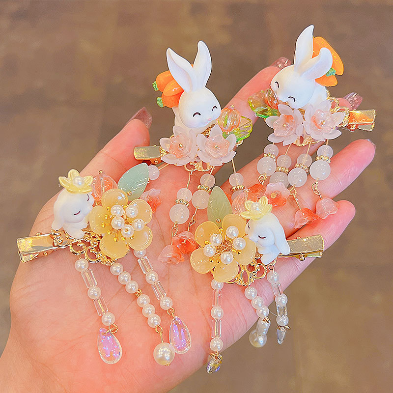 Children‘s Antique Hairpin Chinese Style Jade Hare High-End Hairpin Hair Ornaments Ancient Han Chinese Clothing Little Princess Hairpin Fringed Headwear