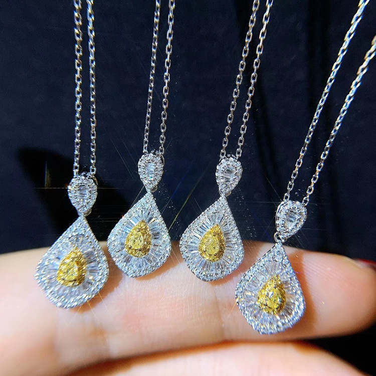 网红同款时尚优雅轻奢项链 镀18k金锆石彩色黄钻水滴梨形吊坠女