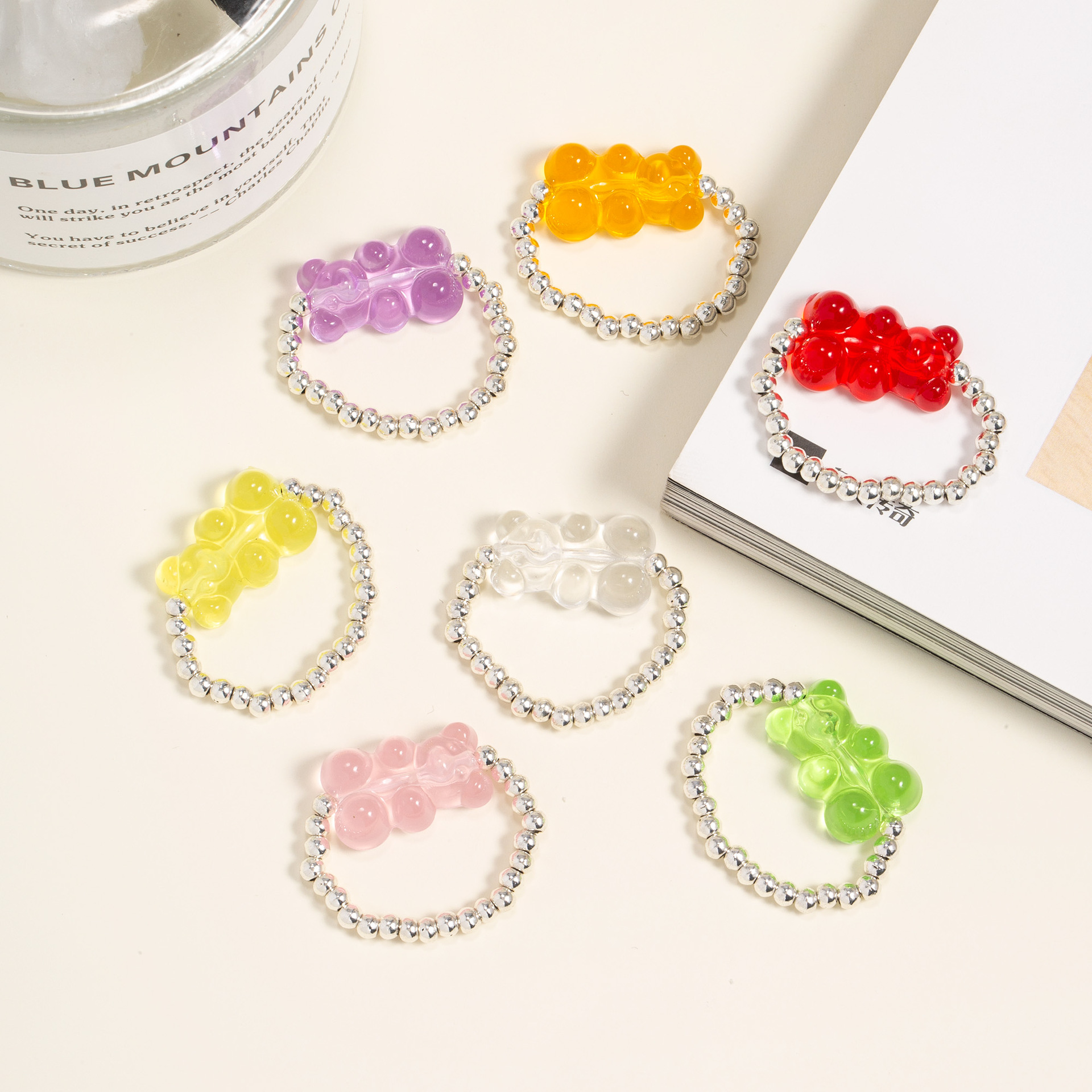 Japanese and Korean Style Colorful Girl Heart Transparent Gummy Bear Silver Beaded Ring Elastic Ins Niche Advanced Ring