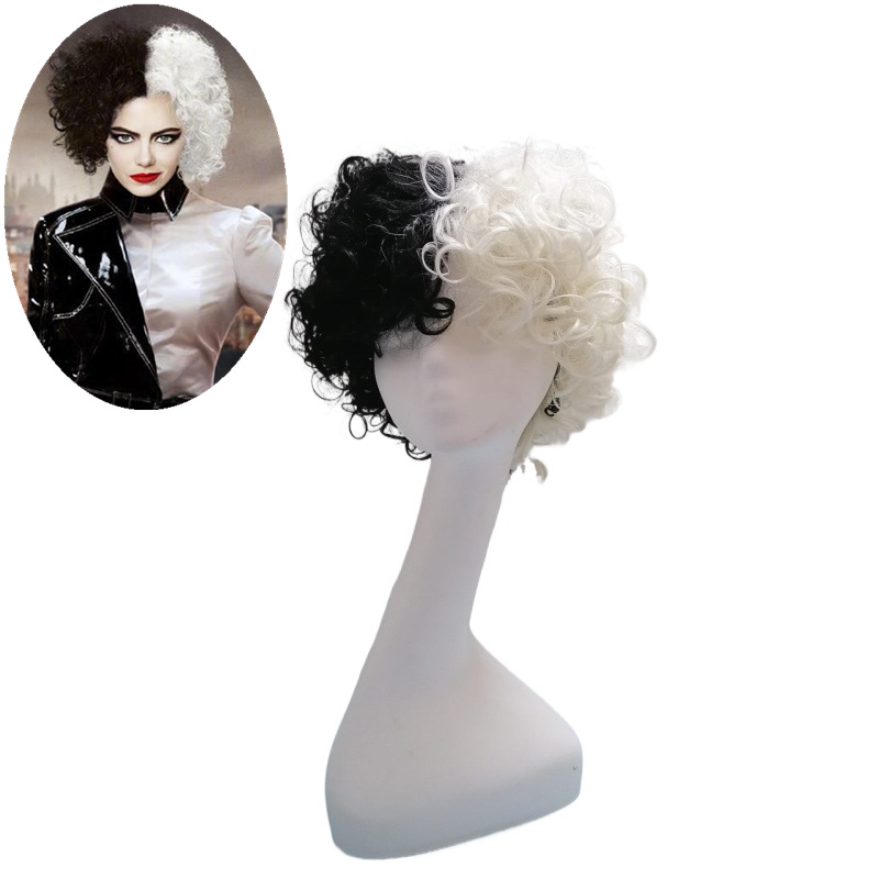 爆款cruella wig 女士cos假发黑白魔女库伊拉cruella短卷发厂家批
