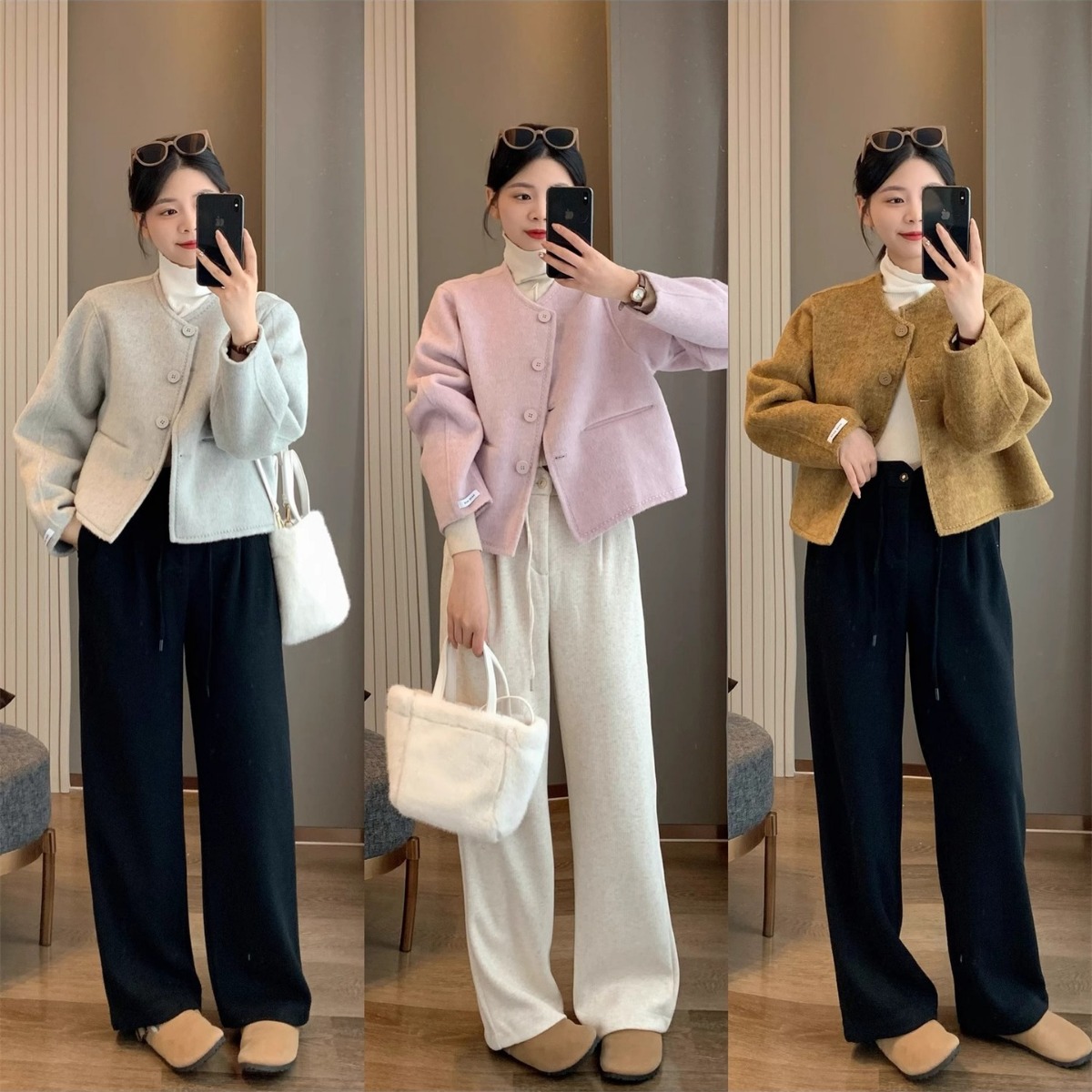 双面羊毛大衣 白富美短款小香风小个子圆领H版型双面羊毛绒外套女