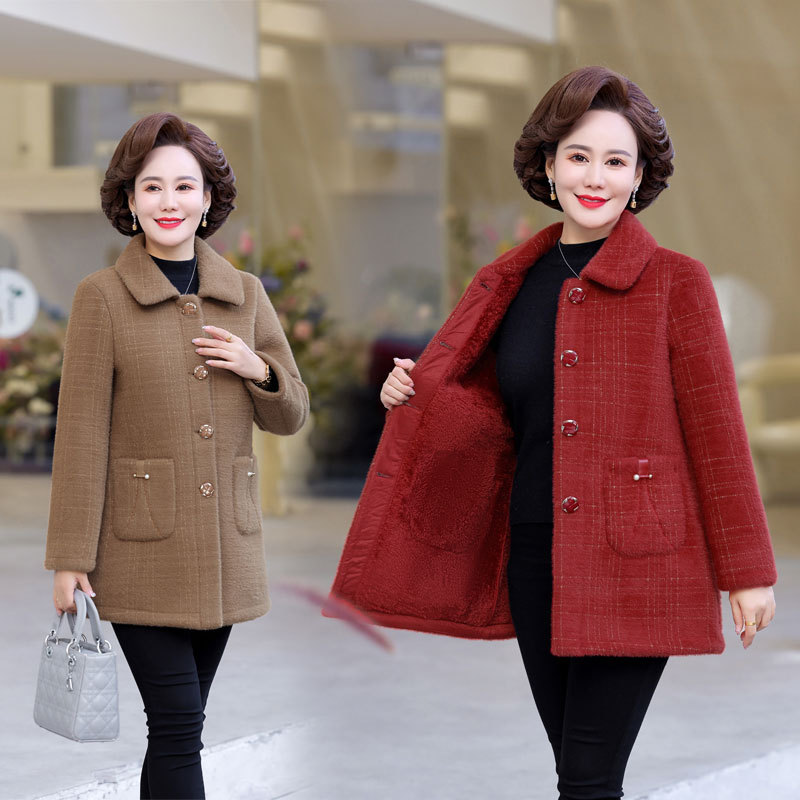 妈妈冬装外套加绒加厚仿水貂绒上衣中老年女装中长款保暖毛呢大衣