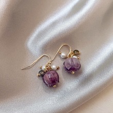 紫色花朵耳坠珍珠耳环女2024新款洋气轻奢耳钉小众设计高级感耳饰
