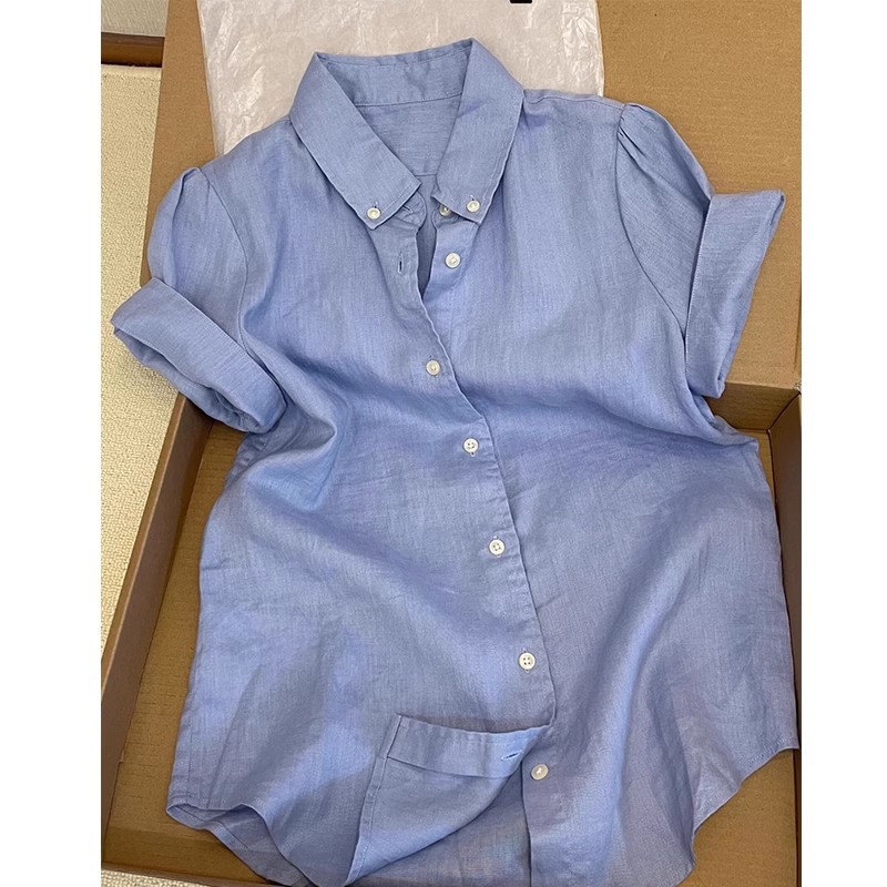 时尚别致轻熟风蓝色polo领短袖衬衫女夏季款洋气百搭绝美小众衬衣