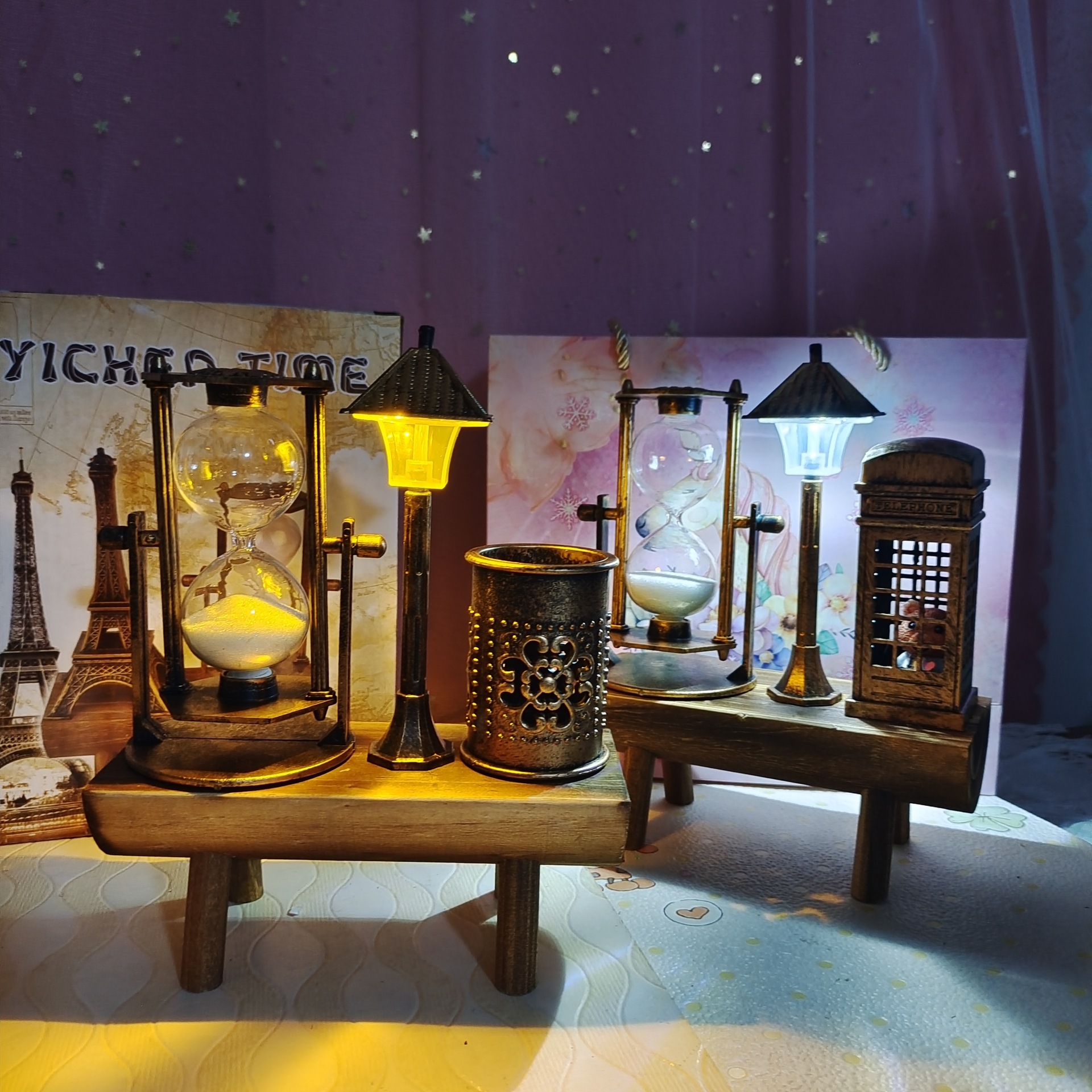 创意复古铁塔沙漏摆件简约现代家居书房木质学生礼品摆座笔筒摆饰