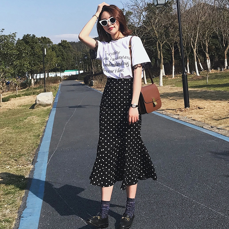 波点半身裙女新款韩版春夏季黑色雪纺a字裙中长款包臀鱼尾裙