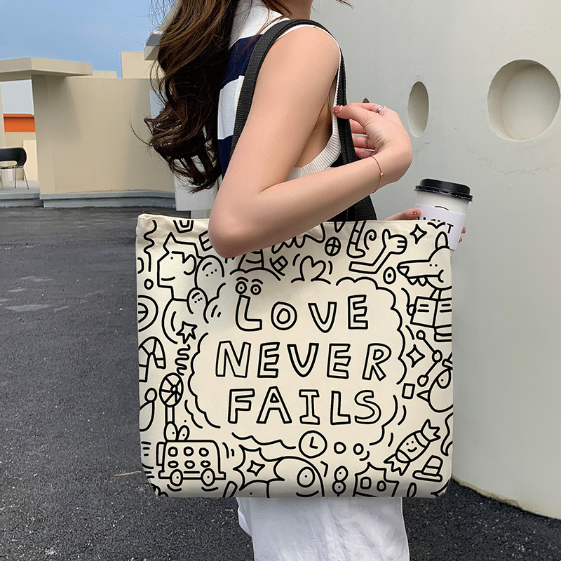 Korean Style New Canvas Bag Female College Student Class One Shoulder Portable School Bag Large Capacity Niche Cute Cloth Bag