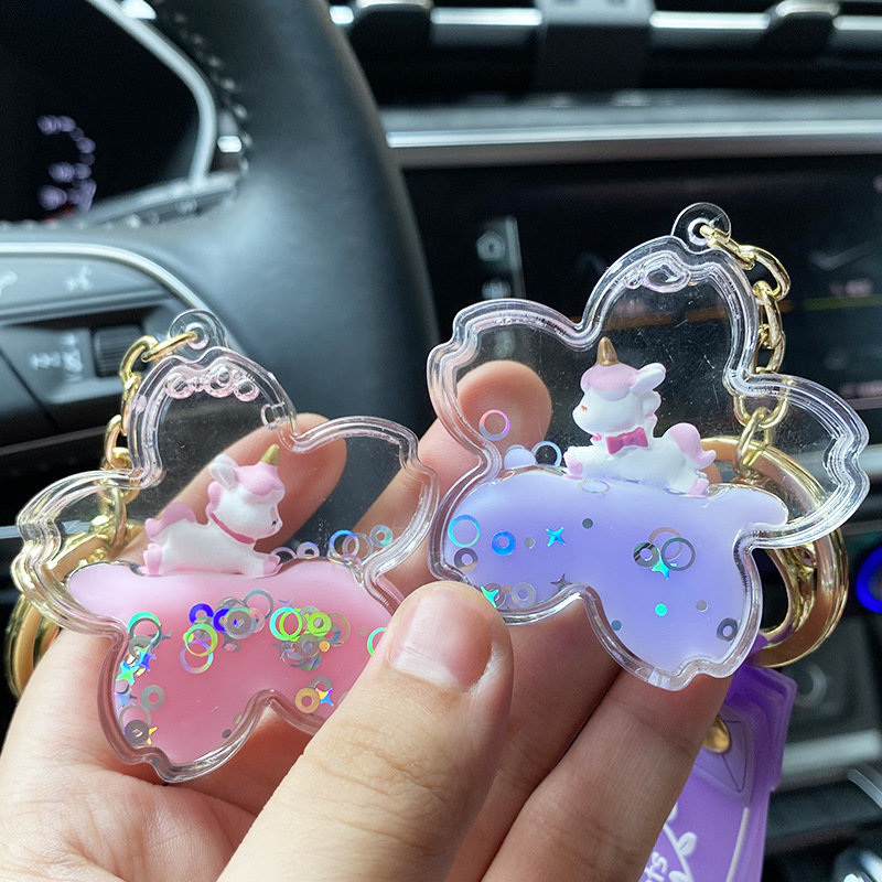 Cherry Blossom Oil Unicorn Keychain Liquid Quicksand Floating Key Chain Ring Net Red Cute Exquisite Pendant Wholesale