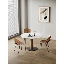 M姳5实木圆餐桌家用小户型风洽谈小圆桌简约纯白德利丰岩板饭桌椅