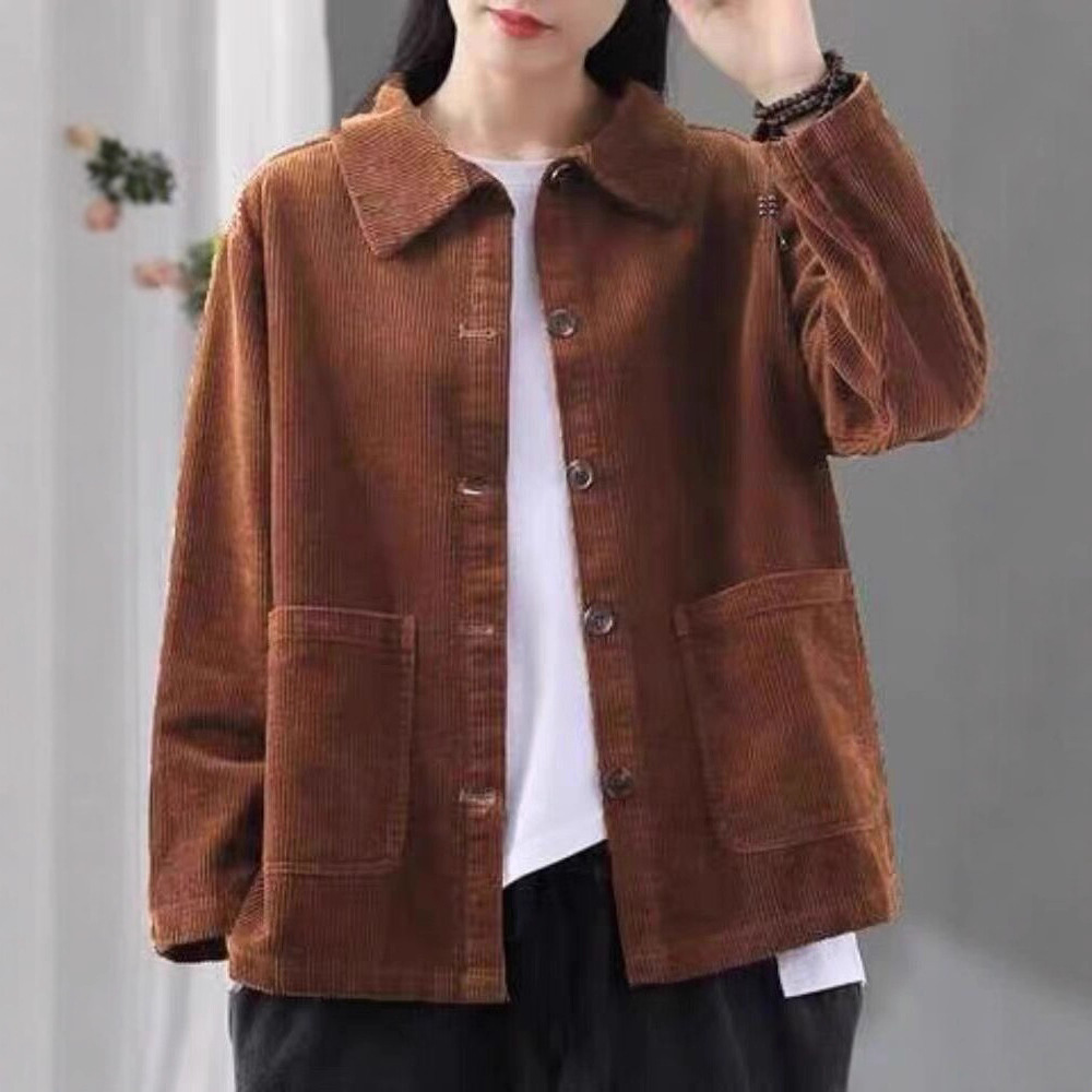 灯芯绒大码外套女2025春秋季新款韩版宽松休闲条绒夹克开衫上衣