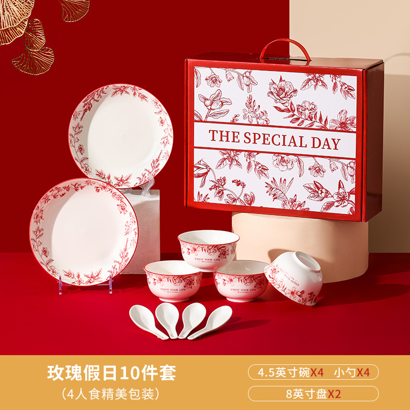 chinese simple ceramic cutlery bowl and plates butterfly suit gift box bowl spoon set suit company opening activity housewarming gift