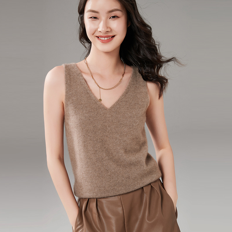 2021秋冬新款100%山羊绒吊带背心女v领无袖针织小内搭宽松打底衫
