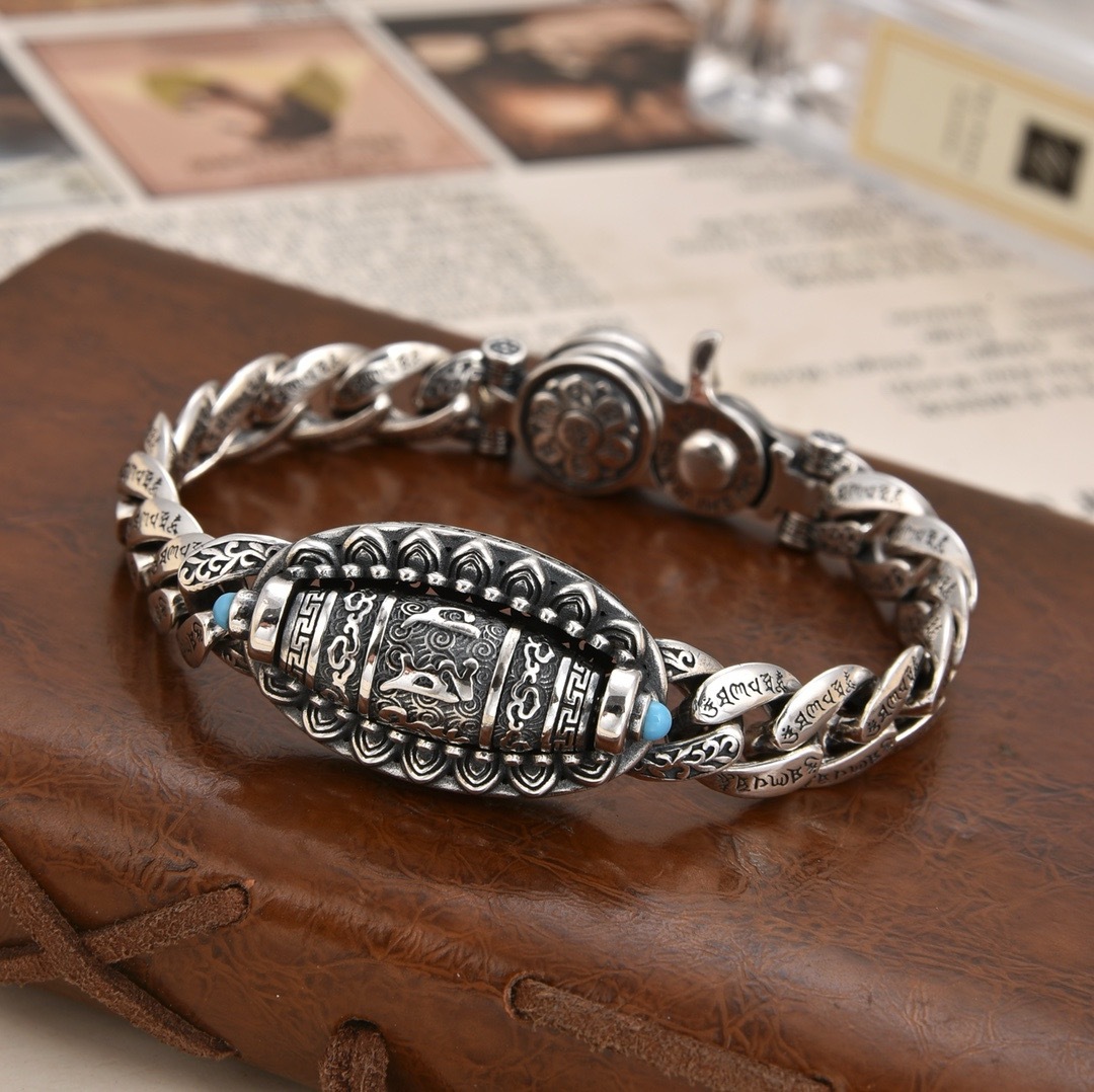 原创设计男士时尚纯银做旧转运桶珠手链六字真言个性钥匙扣男首饰