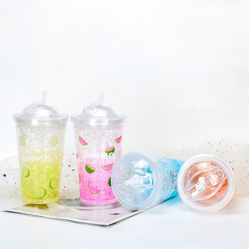 Plastic Push Cover Straw Cup Gift Double-Layer Wholesale Cup Gradient Color Frost Water Bottle Refrigeration Crushed Ice Cup