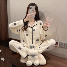 新品睡衣女春秋季长袖长裤小香风甜美开衫套装女士家居服黑爱心