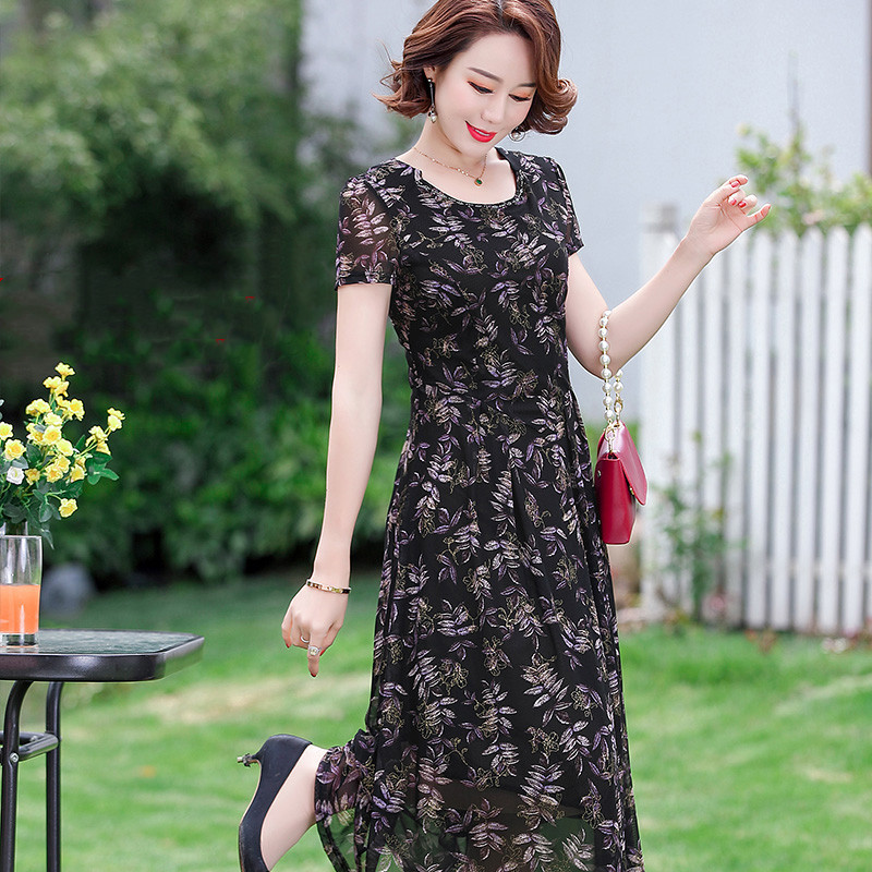 中老年夏季雪纺连衣裙女新款短袖长裙碎花40岁50中年妈妈过膝裙子