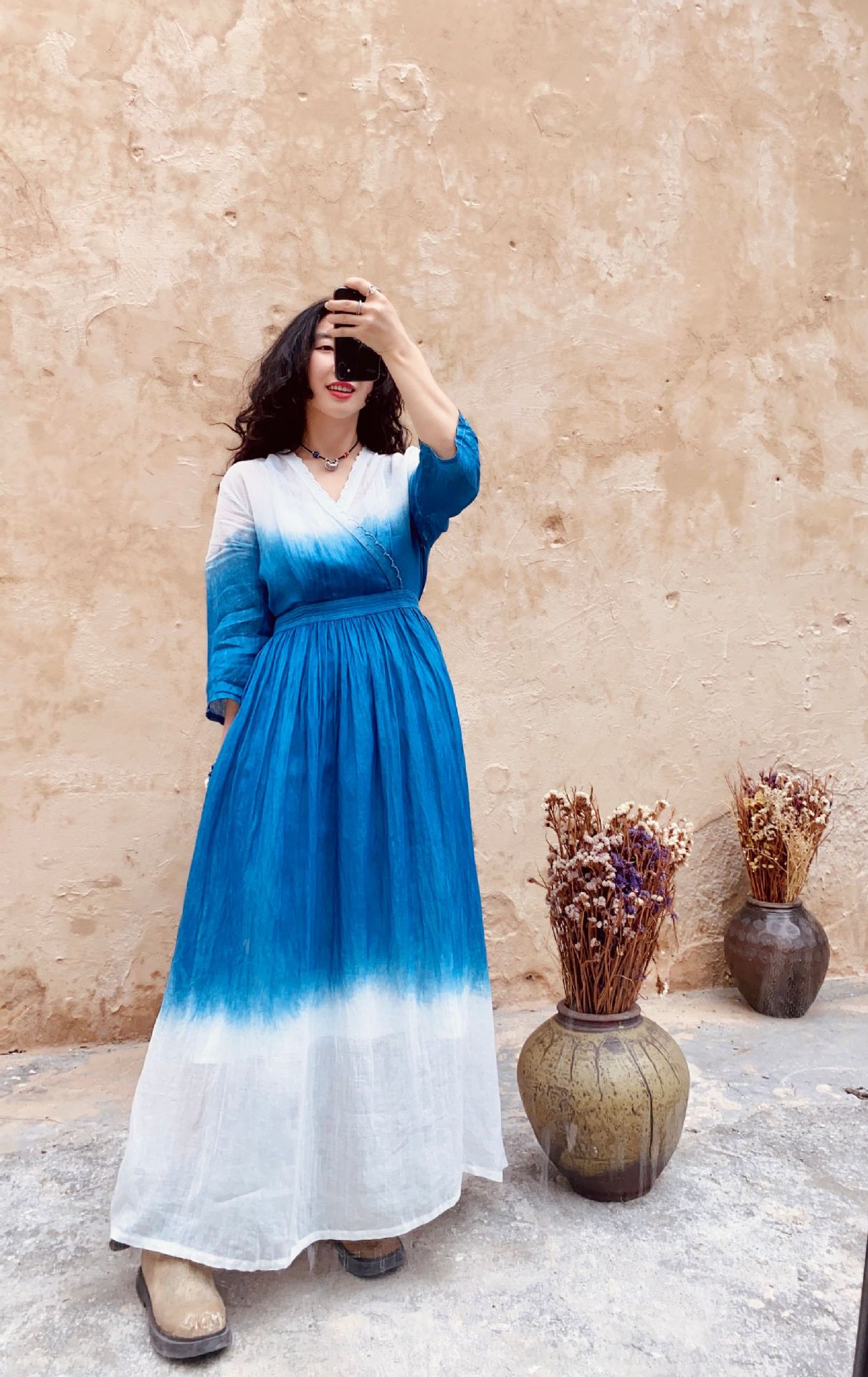 女装2019春新款女装复古修身款手工扎染蓝染植物染连衣裙蜡染衣