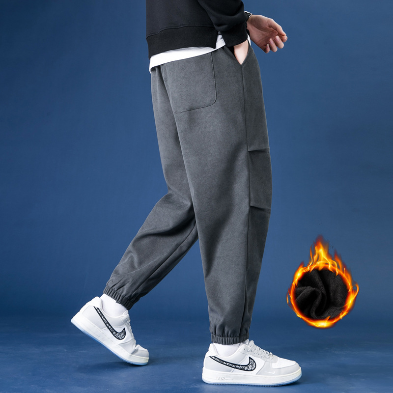 冬季男裤子加绒加厚国潮束脚哈伦裤港风大码休闲裤百搭小脚卫裤男