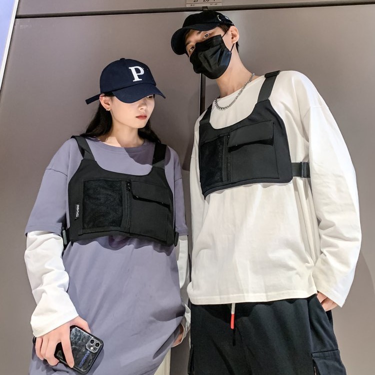 战术胸包男潮牌简约工装嘻哈多功能机能双肩马甲包女时尚潮流背包