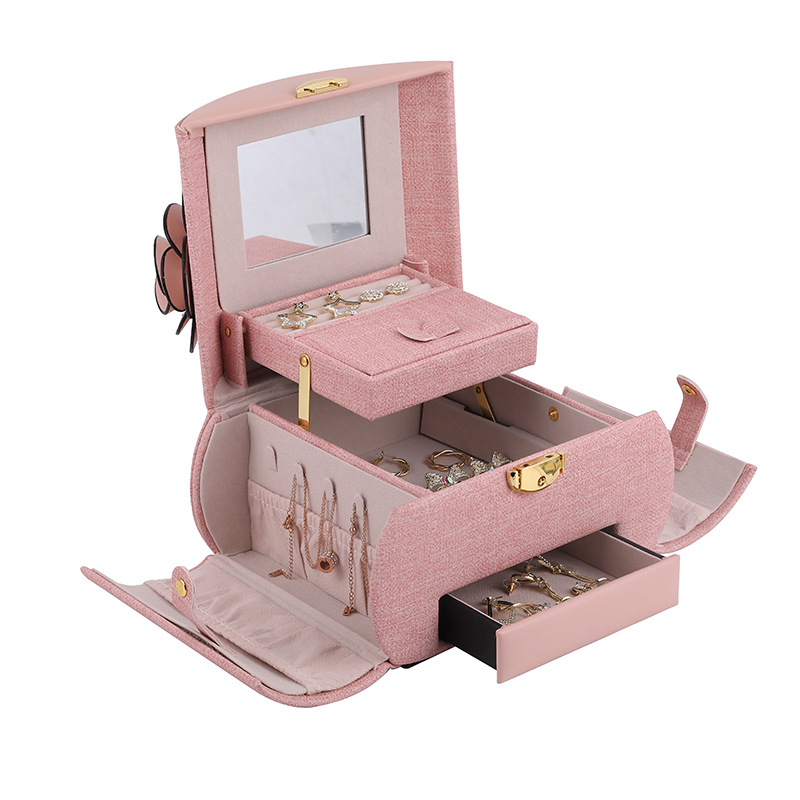 Korean Layered Dustproof Desktop Cosmetics Storage Box PU Leather Jewelry Box Wholesale Earrings Necklace Jewelry Box