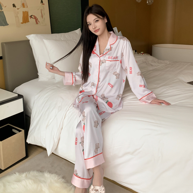 2024春夏新款睡衣仿真丝绸卡通可爱少女居家服套装薄款冰丝睡衣女