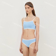3色】韩版新款简约纯色复古抹胸背心式分体泳衣女沙滩高腰bikini