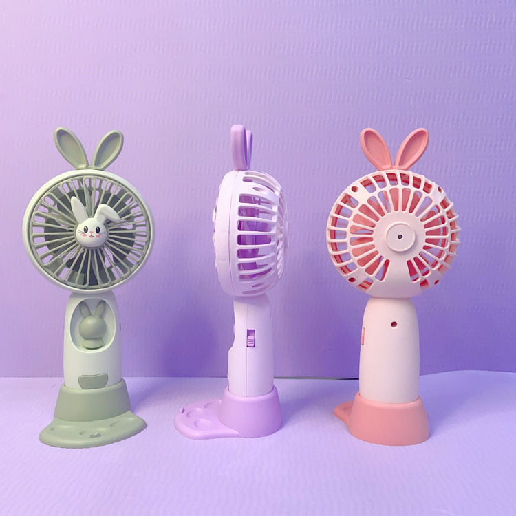 Cartoon Cute Rabbit Light Handheld Fan Office Mobile Phone Holder Portable Gift Band Base Animal Fan