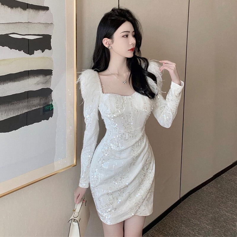 生日派对小礼裙名媛毛毛亮片收腰性感包臀裙女秋冬白色连衣裙