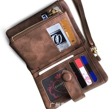 复古棕色二折抽带皮革PU钱包 大容量抽带按扣活页女式钱包wallet