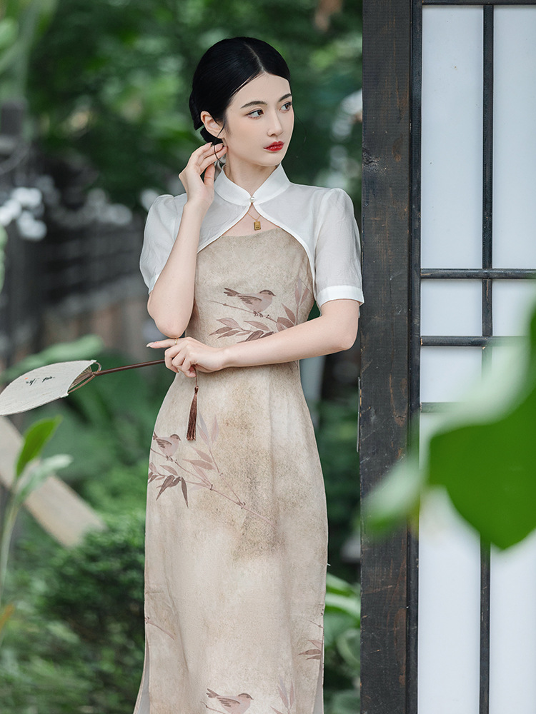 新中式国风旗袍套装女2023年复古两件套吊带外搭罩衫印花连衣裙夏