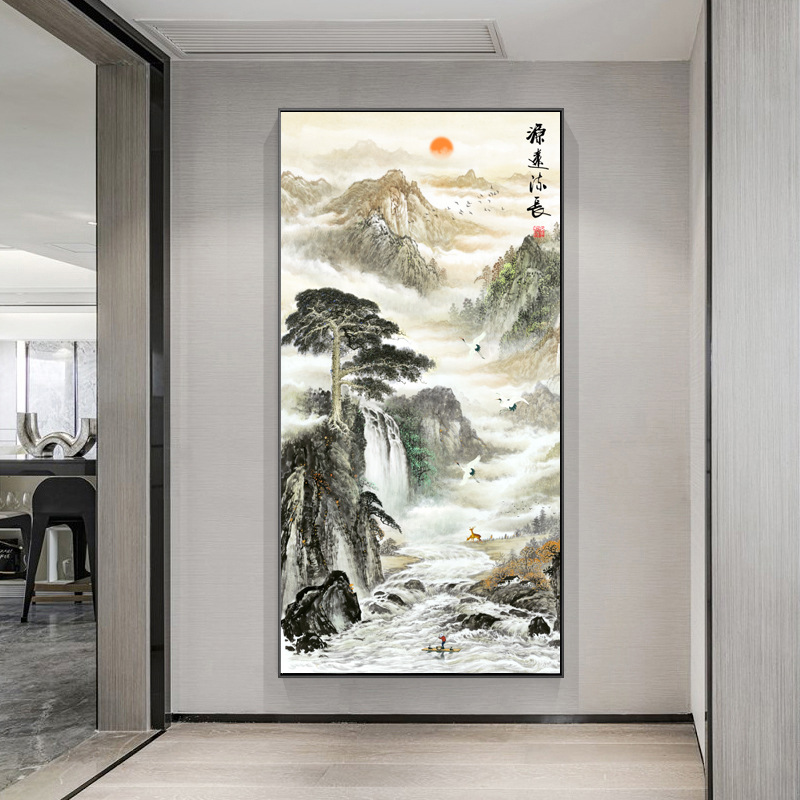 迎客松竖版玄关过道装饰画新中式客厅走廊尽头国画山水画挂画