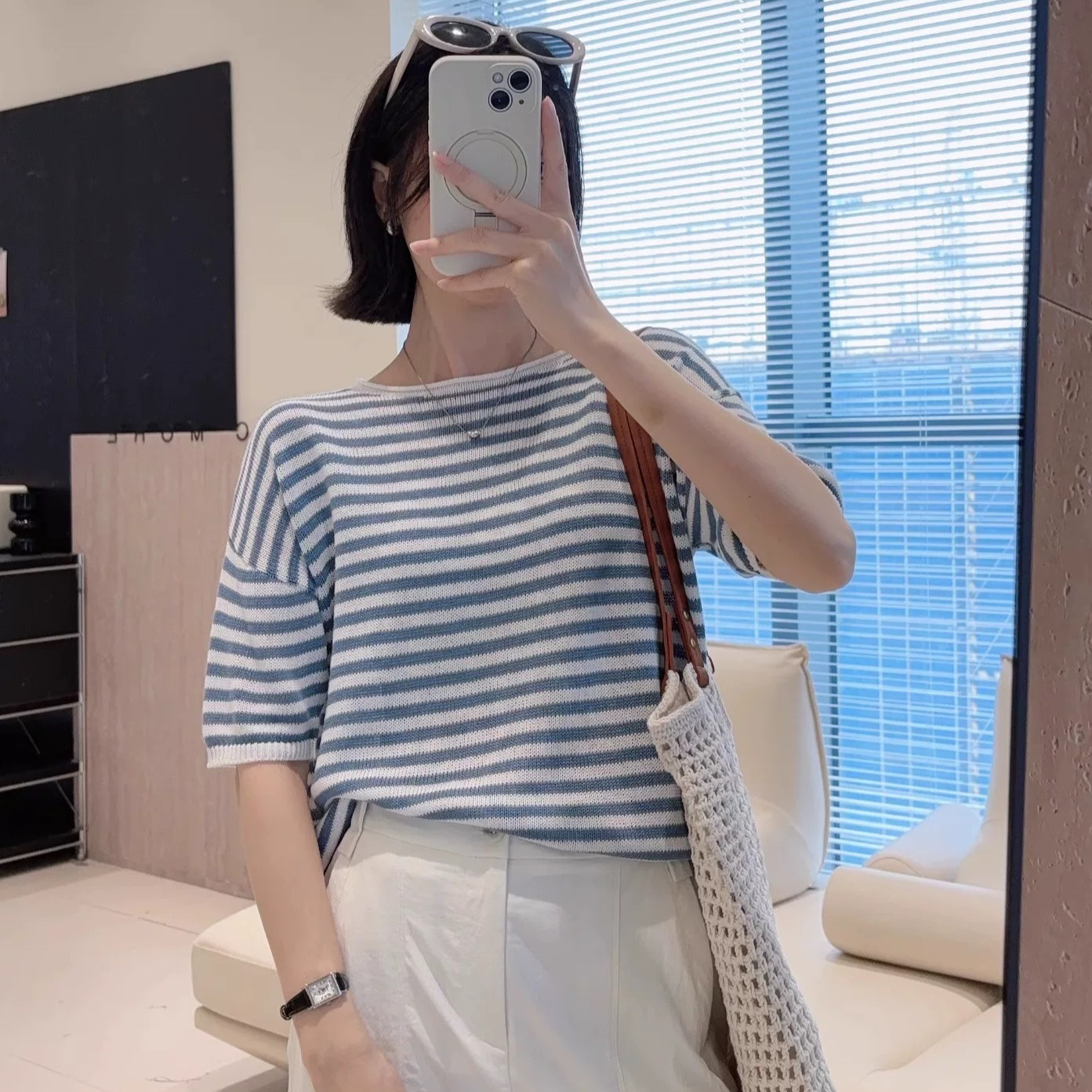 【海魂条纹衫】干爽透气和纸莱赛尔针织衫女夏季宽松显瘦T恤上衣