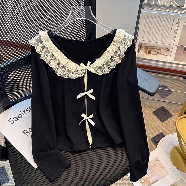 大码蝴蝶结蕾丝花边娃娃领长袖t恤女春秋新款修身显瘦短款上衣女