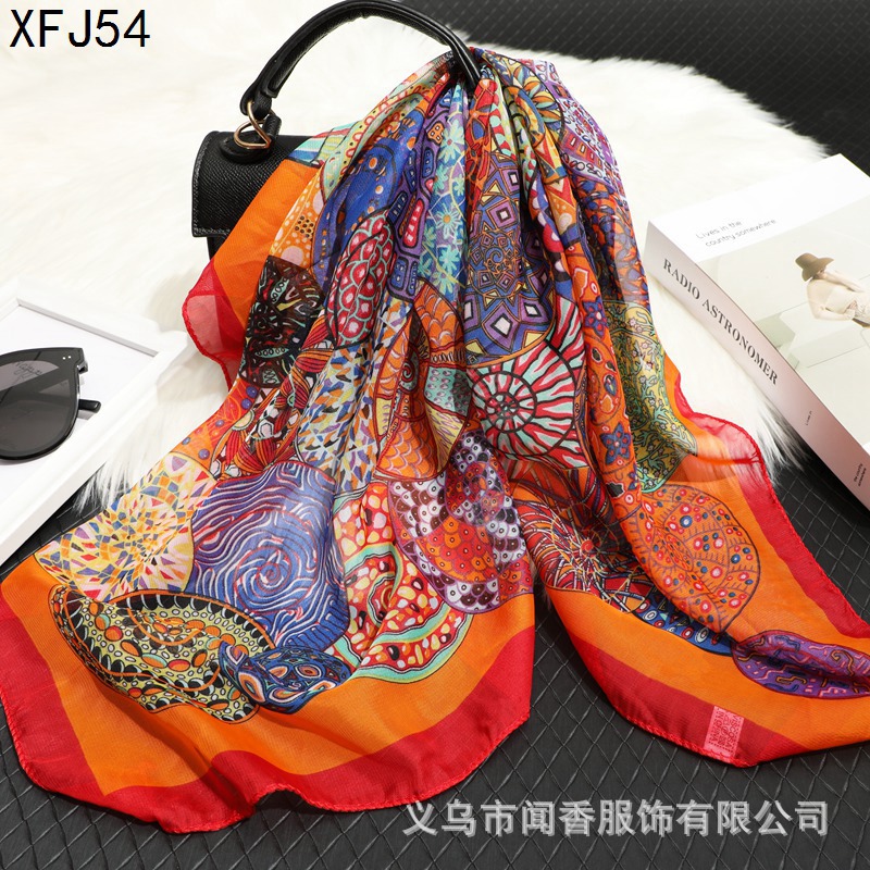 Retro Style Totem Printing Chiffon Small Square Towel Simulation Scarf Female Autumn and Winter Wild Neck Scarf Small Shawl Scarf