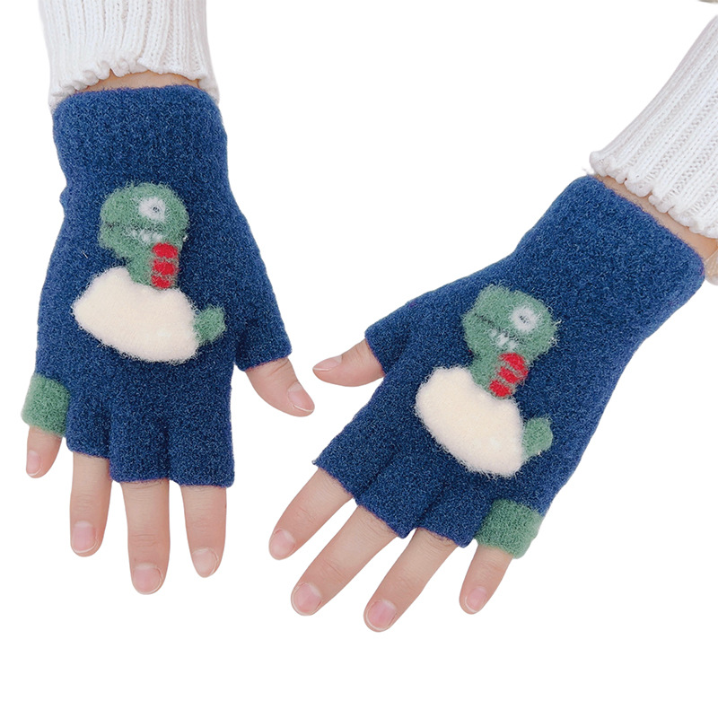 4-12岁儿童半指手套冬季保暖加厚毛绒可爱小恐龙露指手套男女孩