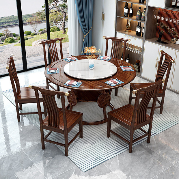 新中式乌金木餐桌餐椅组合实木大圆桌带转盘餐厅酒店红木高档饭桌
