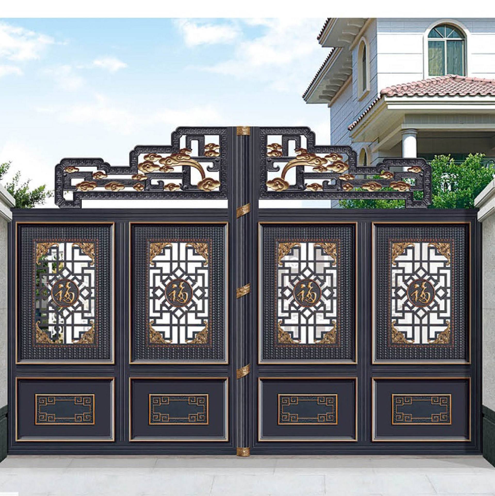 新款中式铝艺大门 雕花艺术双开别墅大门 农村庭院铝板进户门铝门