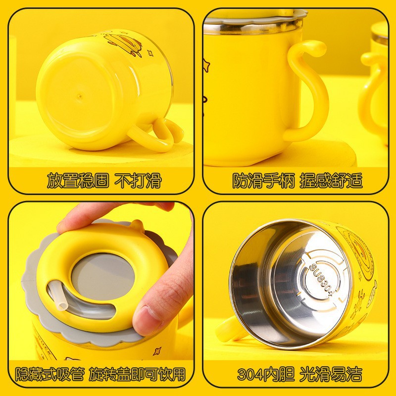 304 Stainless Steel Belt Straw Cup Kindergarten Cup Double Wall Cute Children Milk Cup Small Yellow Duck Gift