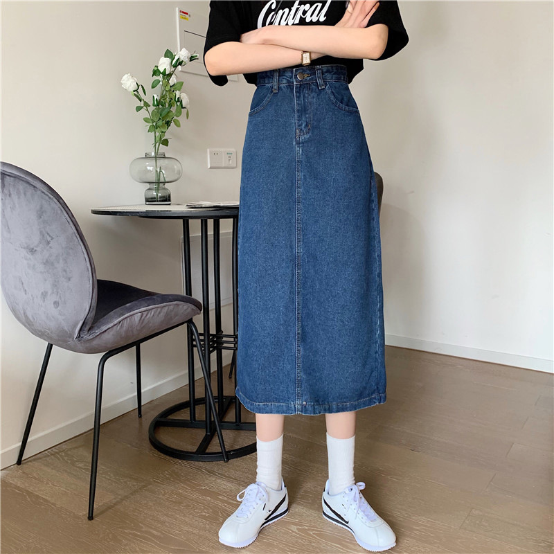 牛仔裙女半身裙深蓝色a字高腰半身牛仔裙女新款宽松显瘦开可代发-报价