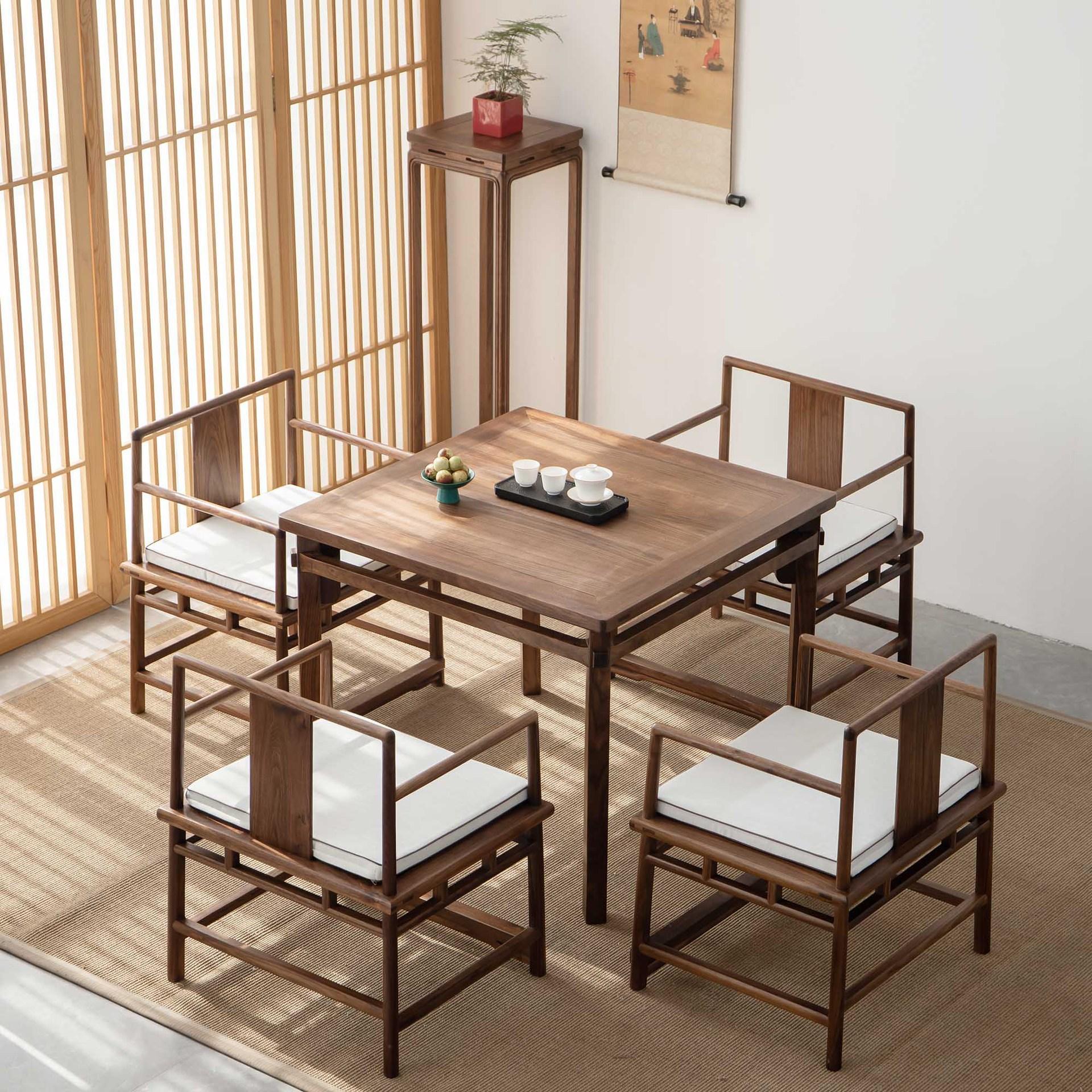 新中式全实木四方形餐桌椅组合禅意黑胡桃喝茶棋牌桌八仙桌休闲桌